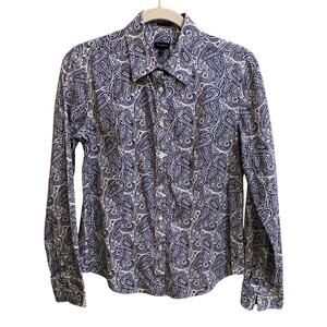Talbots Shirt Women Size 8 Blue White Paisley Button Front Blouse